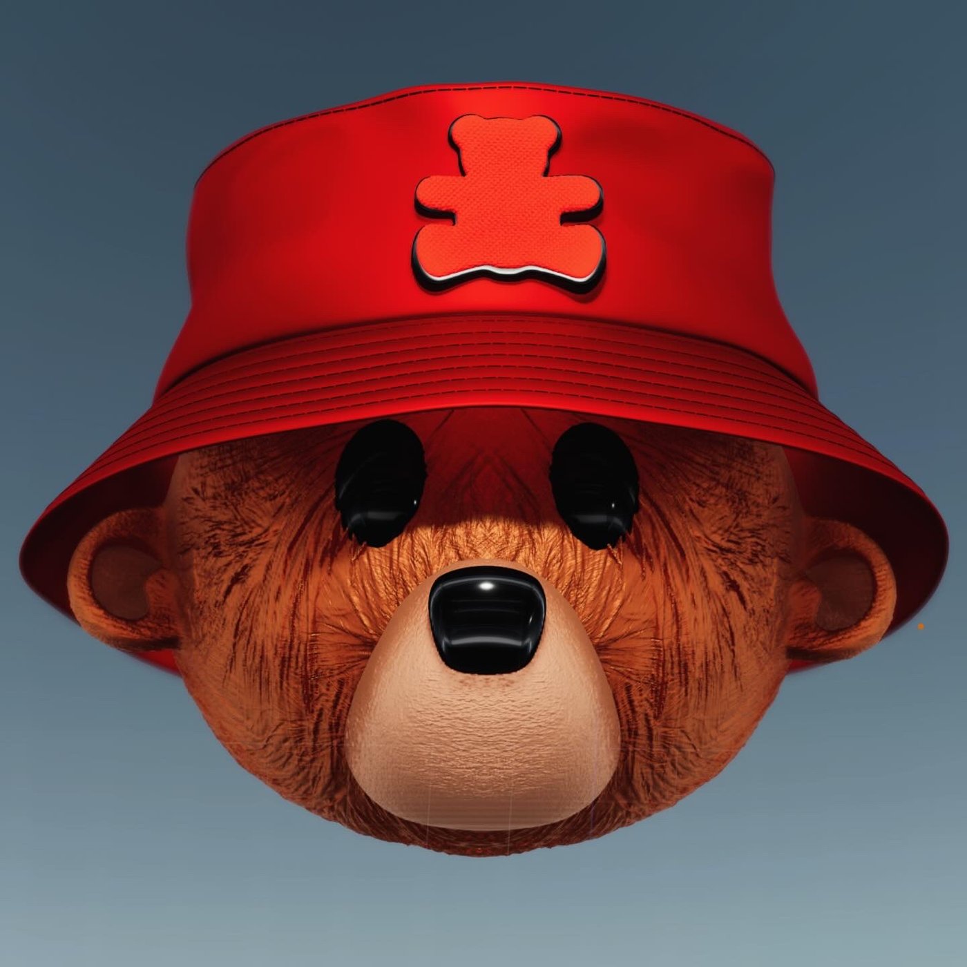 Floating bear in red bucket hat